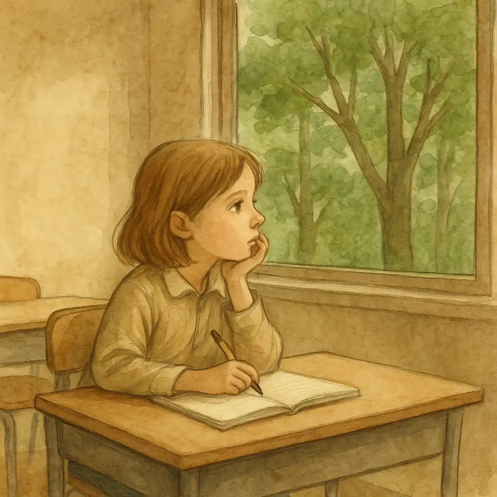 Ilustração em aquarela vintage mostra uma criança sentada sozinha em uma sala de aula, com lápis na mão e caderno aberto, olhando distraída pela janela para as árvores do lado de fora.