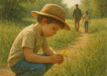 Criança observando uma árvore durante um passeio na natureza, com caderno nas mãos.
