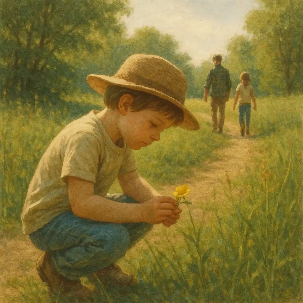Criança observando uma árvore durante um passeio na natureza, com caderno nas mãos.