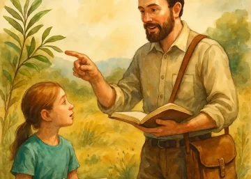 Professor ensina uma criança na natureza, explicando uma planta com atenção, em uma cena ao ar livre com luz suave e ambiente natural.