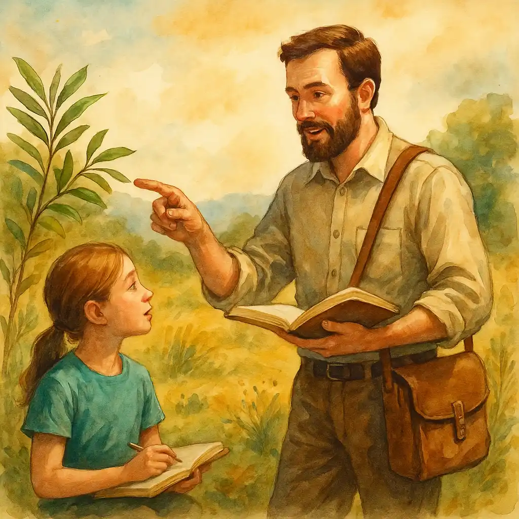 Professor ensina uma criança na natureza, explicando uma planta com atenção, em uma cena ao ar livre com luz suave e ambiente natural.