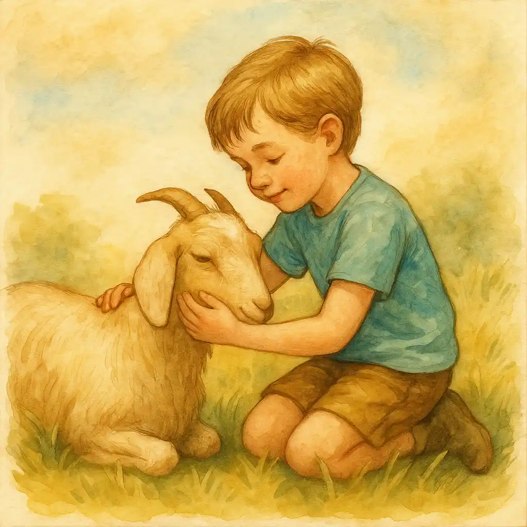 Criança ajoelhada no campo fazendo carinho em uma cabra, em aquarela vintage com textura rústica e tons suaves.