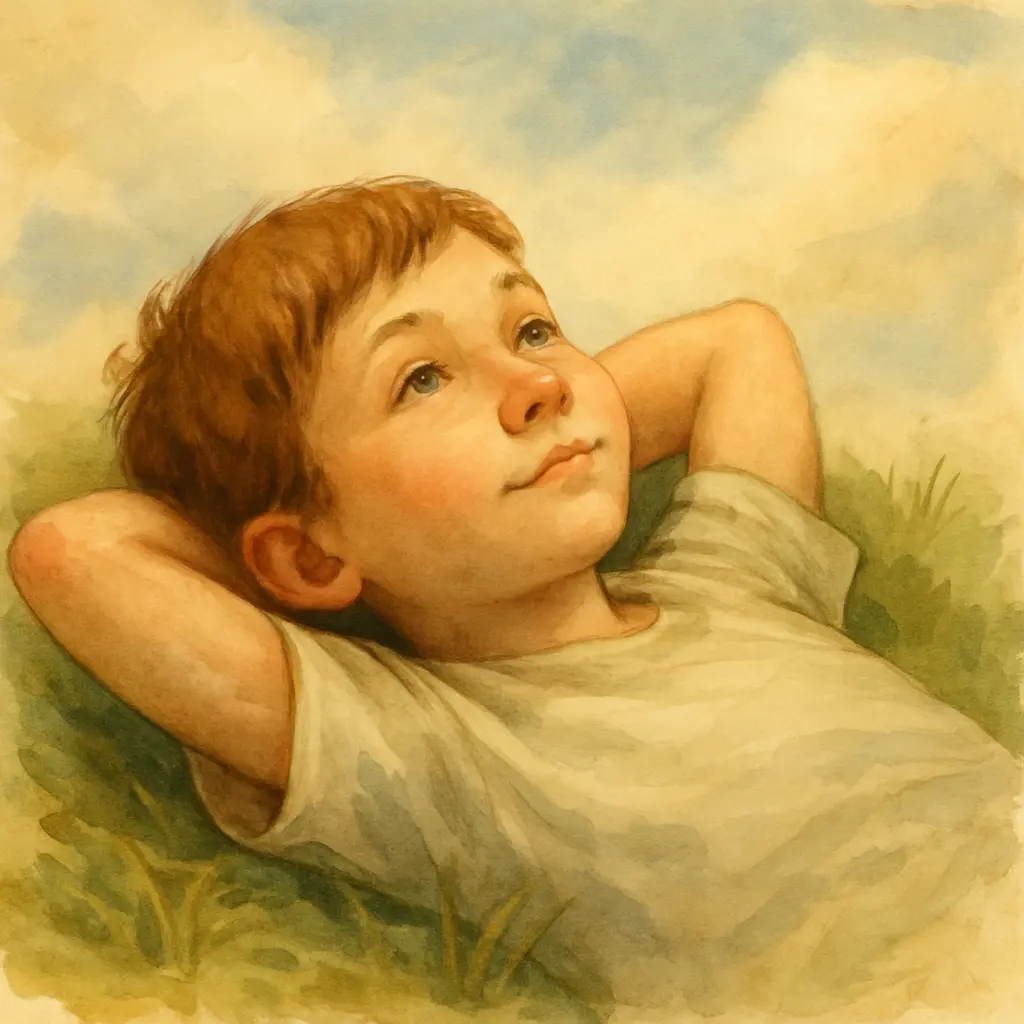 Criança deitada na grama, com as mãos apoiadas na cabeça, olhando para o céu — ilustração em aquarela vintage com estilo rústico.