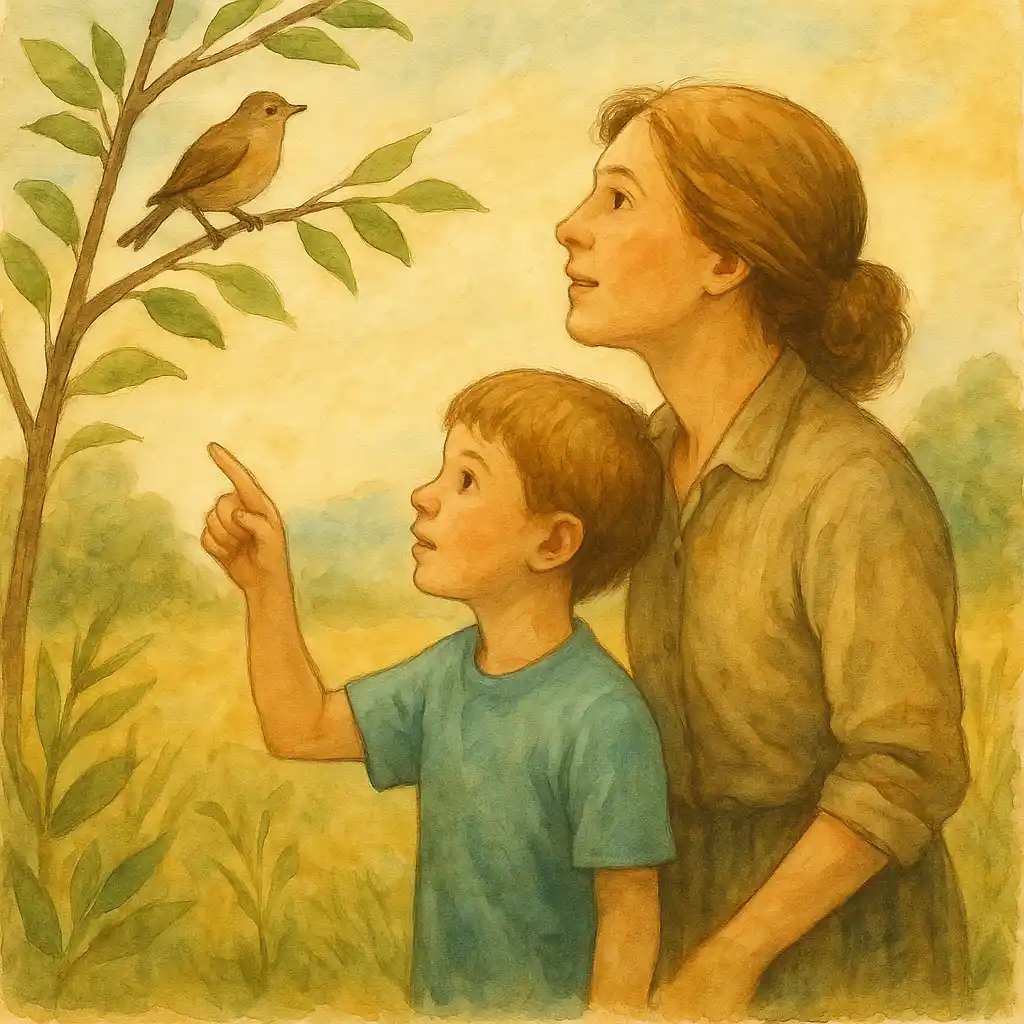 Mãe e filho em pé observam juntos um pássaro em uma árvore, em uma ilustração em aquarela com estilo vintage.