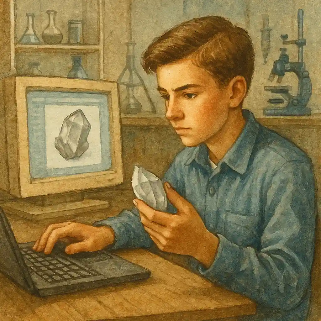 Adolescente em um laboratório observando um quartzo enquanto pesquisa sobre ele no computador.
