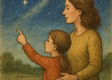 Mãe e filha em pé, conversando sobre a criação de Deus, em ilustração de aquarela suave e delicada.