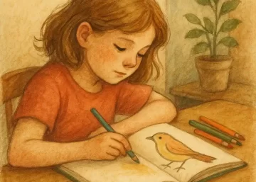Menina sentada à mesa colorindo um livro de pássaros em estilo aquarela vintage