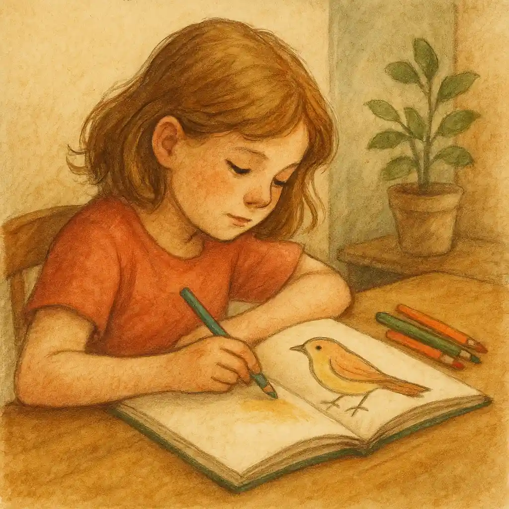 Menina sentada à mesa colorindo um livro de pássaros em estilo aquarela vintage
