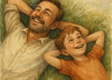 Ilustração em aquarela vintage mostrando pai e filho deitados na grama, rindo e olhando para o céu cheio de nuvens.