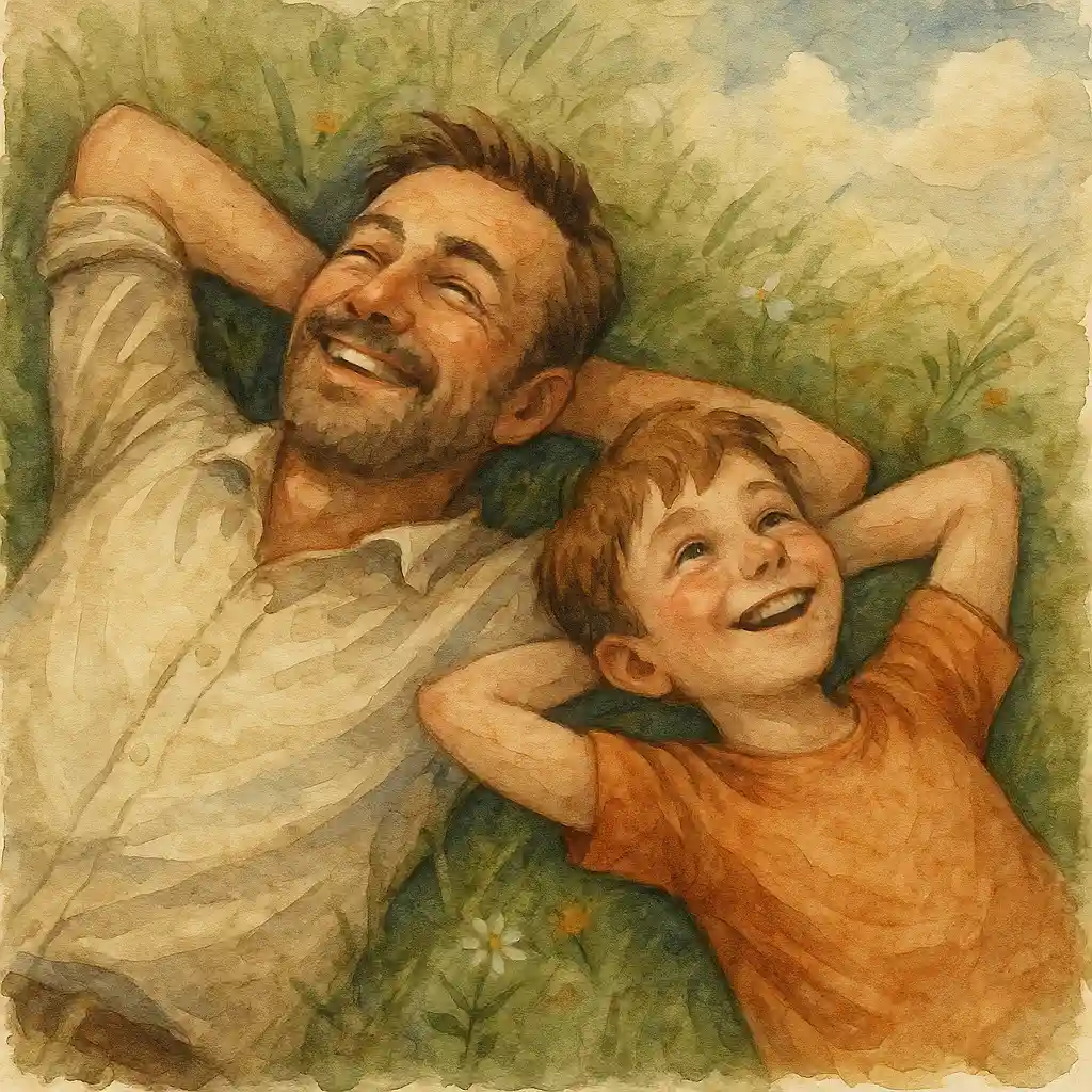 Ilustração em aquarela vintage mostrando pai e filho deitados na grama, rindo e olhando para o céu cheio de nuvens.