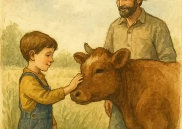 Menino acariciando uma vaca ao lado do pai em um campo, ilustração em aquarela vintage