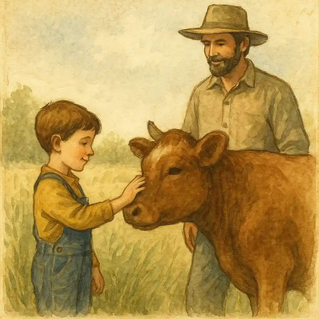 Menino acariciando uma vaca ao lado do pai em um campo, ilustração em aquarela vintage